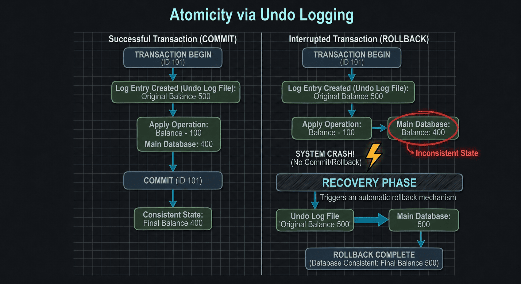 Atomicity flowchart showing transaction states: BEGIN, partial execution, crash, recovery, and ROLLBACK